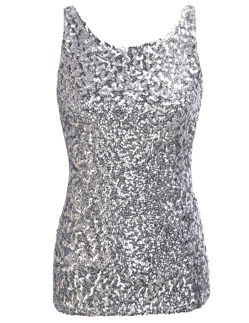 PrettyGuide Women Shimmer Glam Sequin Embellished Sparkle Tank Top Vest Tops ,Silver,Us Size -Medium, Asian Size- L - Image 5